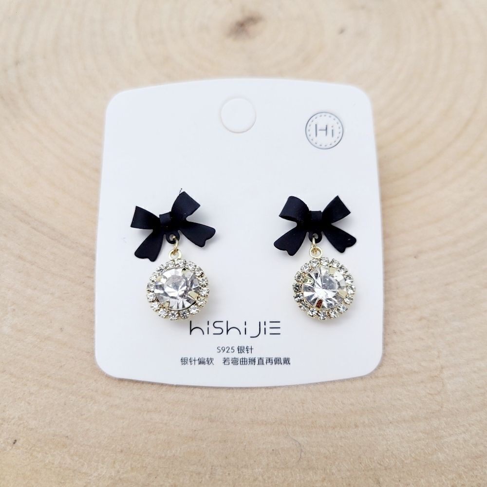 Brand New Gold Tone Black Ribbon Rhinestone Earrings